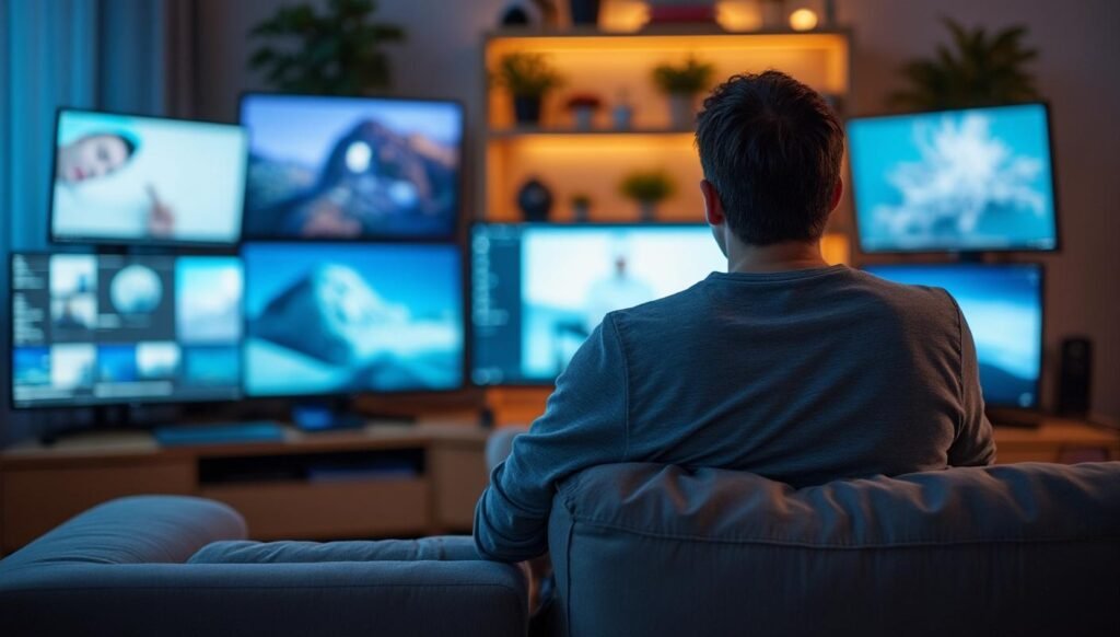 A person with visible lower back strain sits on their couch in the evening, surrounded by screens and disturbing odors from poor...