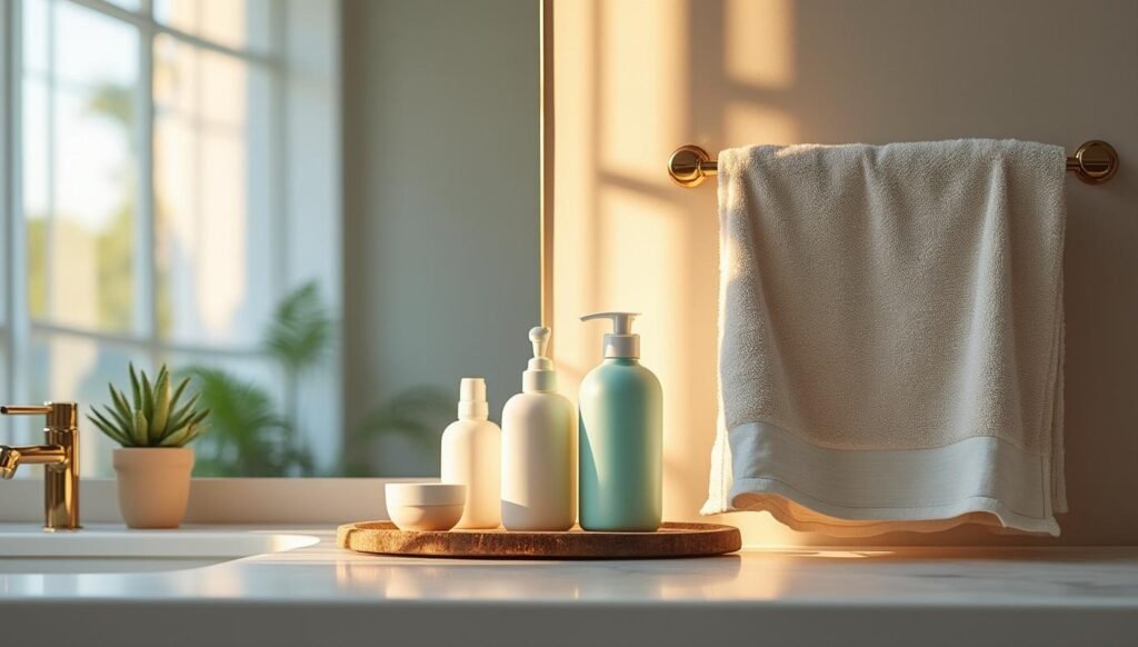 The image shows a bathroom in the evening, with hair care products on the counter A towel hangs nearby to air dry hair while still damp
