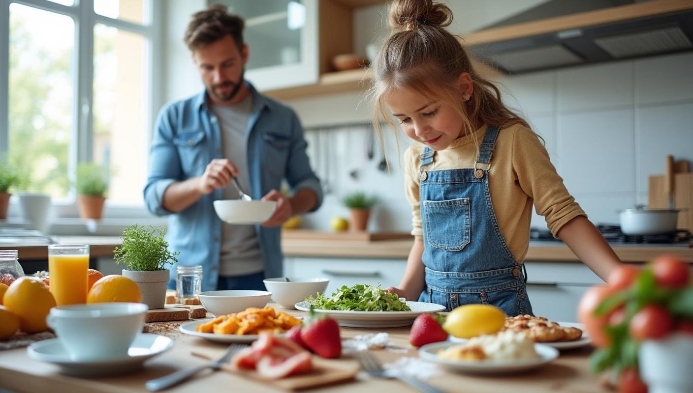 A chaotic kitchen with dirty dishes and scattered breakfast utensils, where a parent loses their patience due to the child's constant...