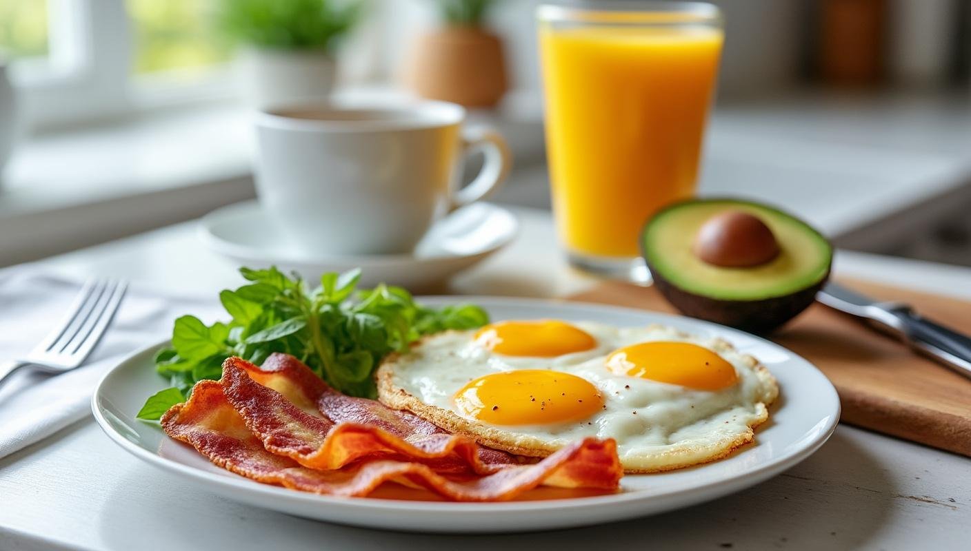 a plate with bacon, eggs, glass of orange jiuce