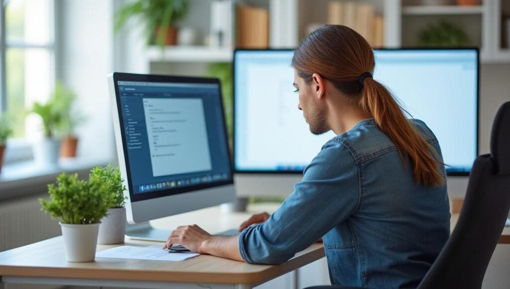 A busy office with a computer screen that is too close to the user's face, causing strain and discomfort