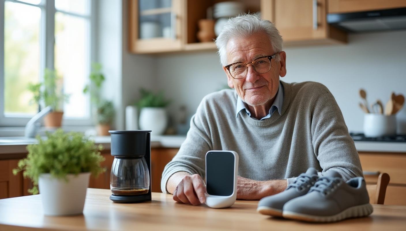 A 60-year-old sits comfortably at their kitchen table, surrounded by practical and thoughtful gifts such as a smart coffee maker that can...