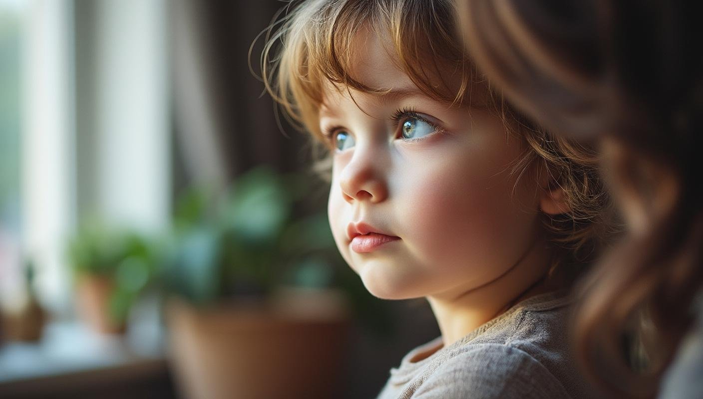 A child, with eyes fixed on an adult, conveys trust and reliability in social situations This moment highlights the connection between eye...