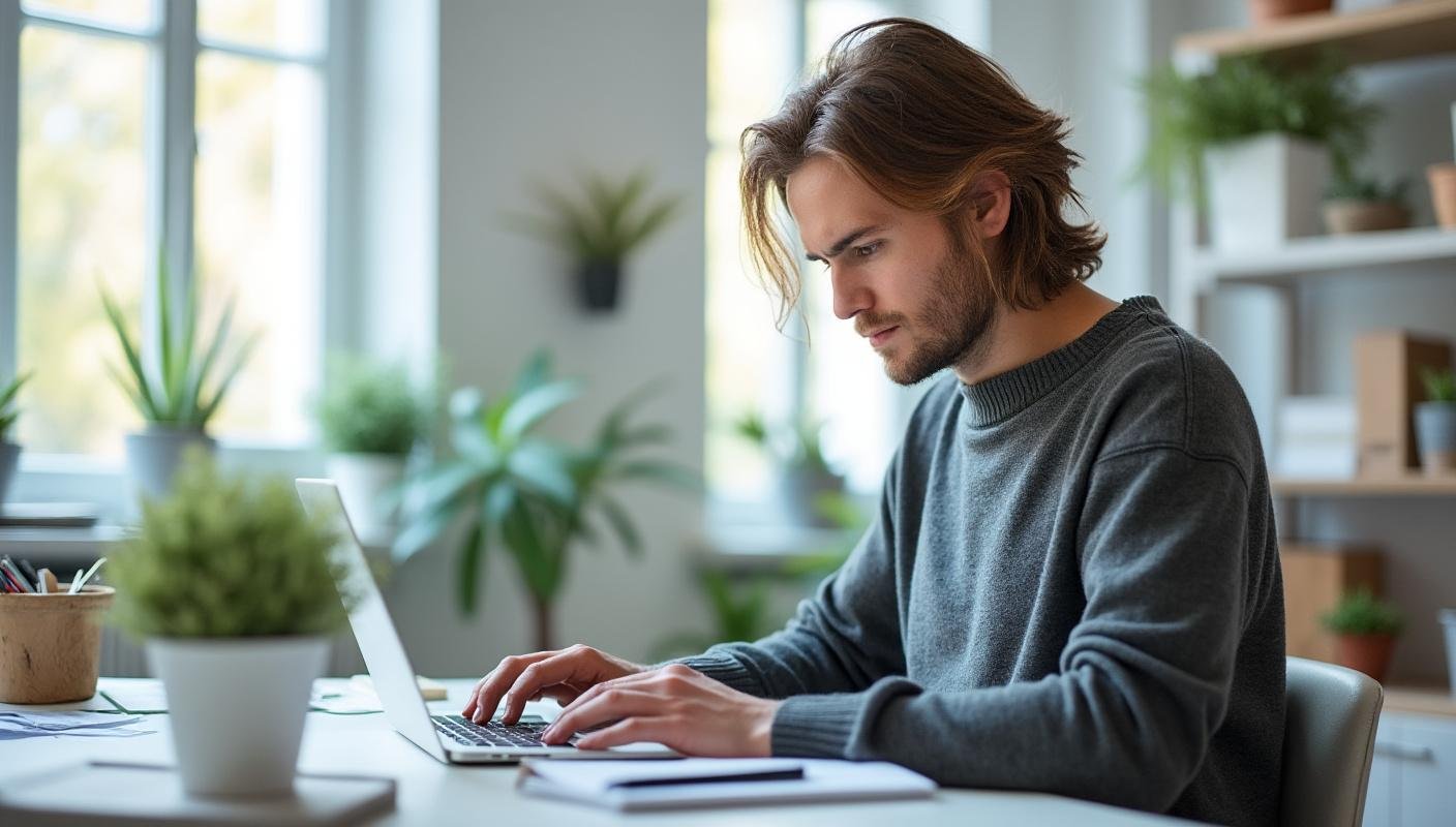 Person at a clean desk with natural light, looking focused but slightly tired