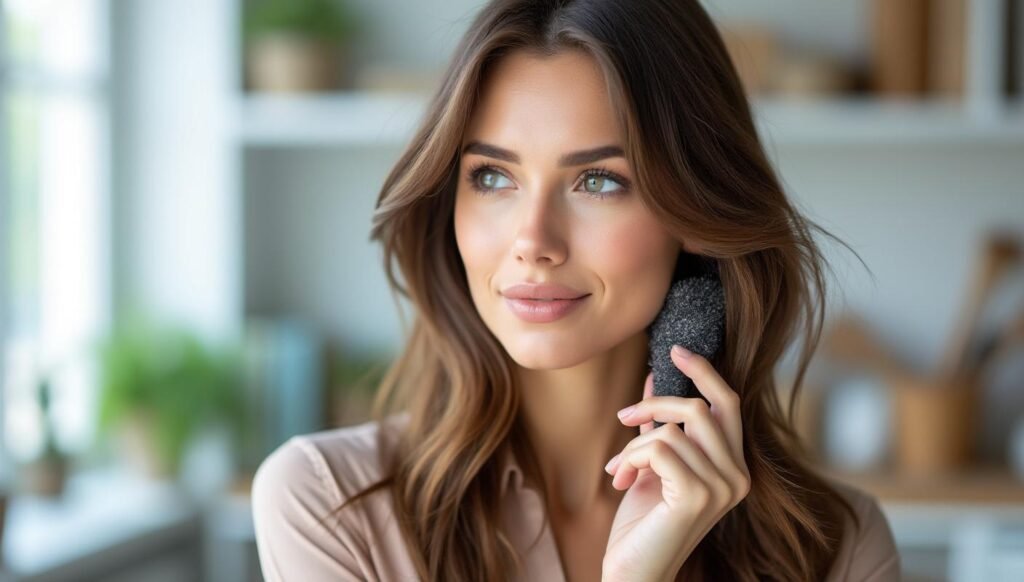 In an office, a busy professional quickly fixes oily roots with an invisible layer of powder for a fresh look