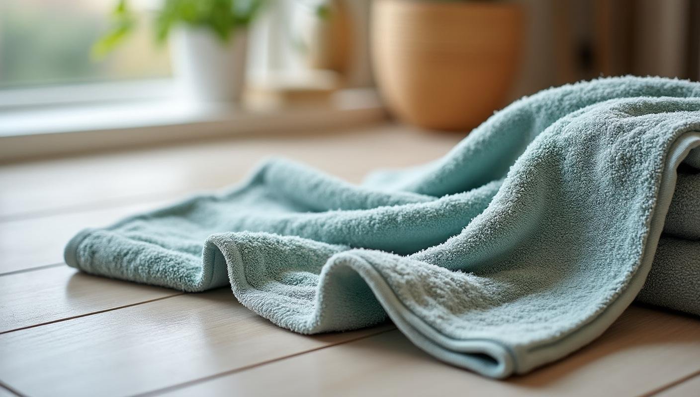 A damp towel, still slightly wet from a recent wash cycle, lies on the bathroom floor The care label recommends washing at no higher than...