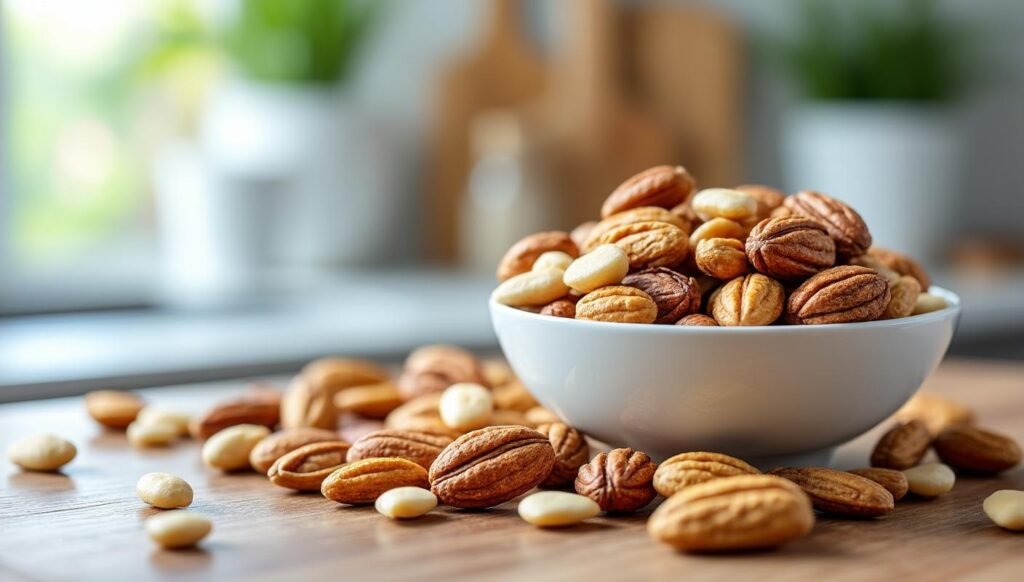 A close-up shot of a bowl with fresh nuts on the kitchen table The lighting highlights the natural colors and textures, emphasizing the...