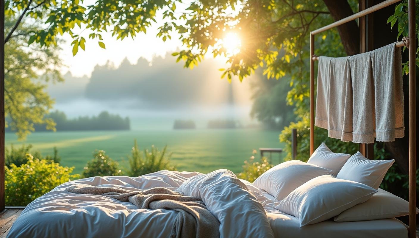 A bed freshly hung outside in the morning dew, with a view of distant greenery and sunlight breaking through the mist