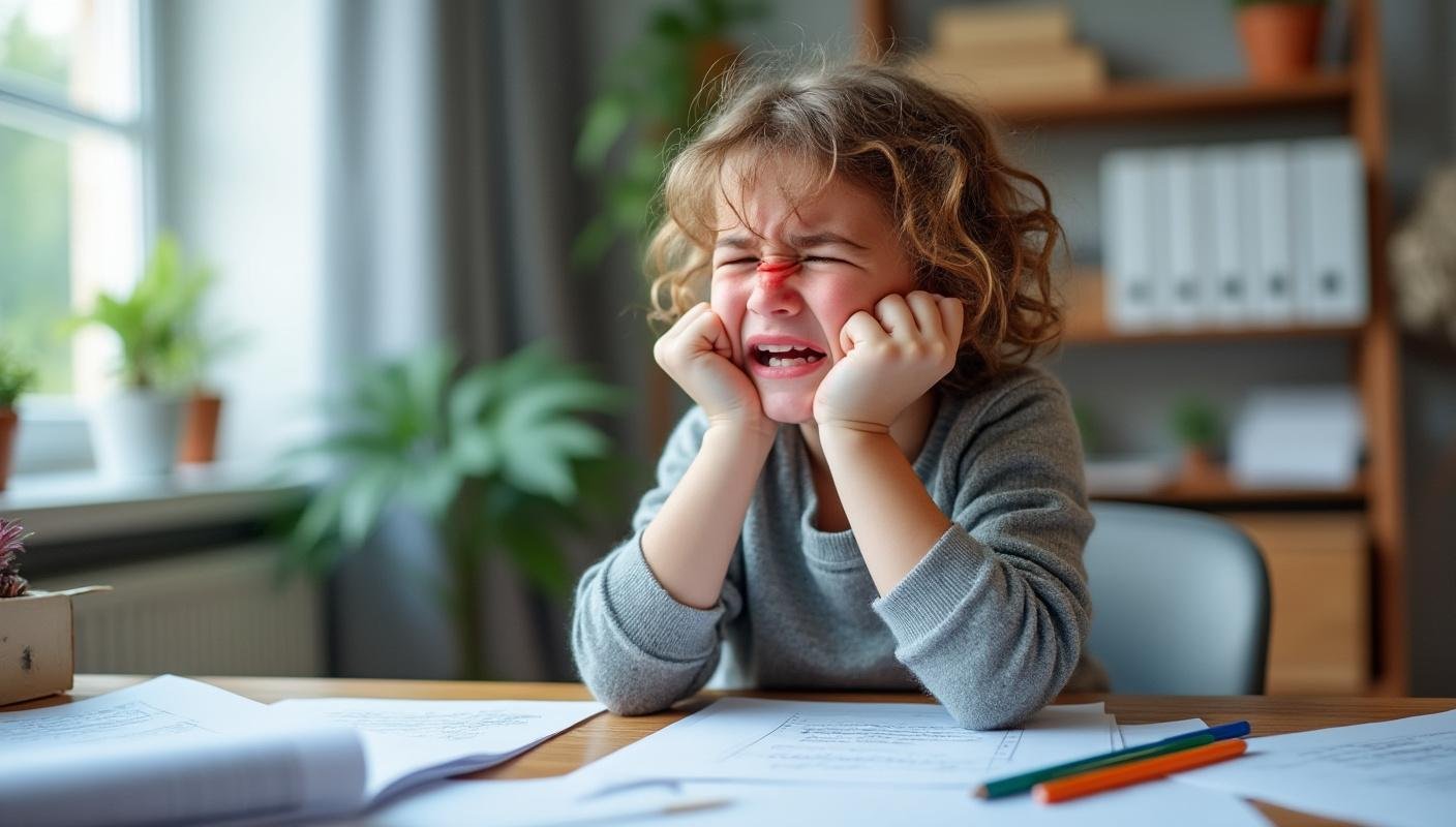 In an office, a child sits at a desk with papers and pencils scattered around The child's face is red from crying, and their fists are...