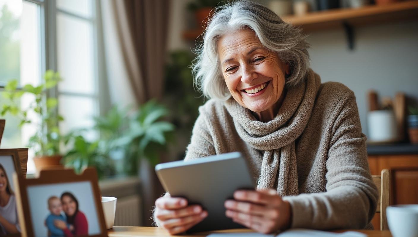 An older woman smiles warmly while chatting with her friend on a tablet, surrounded by family photos that symbolize their long-standing...