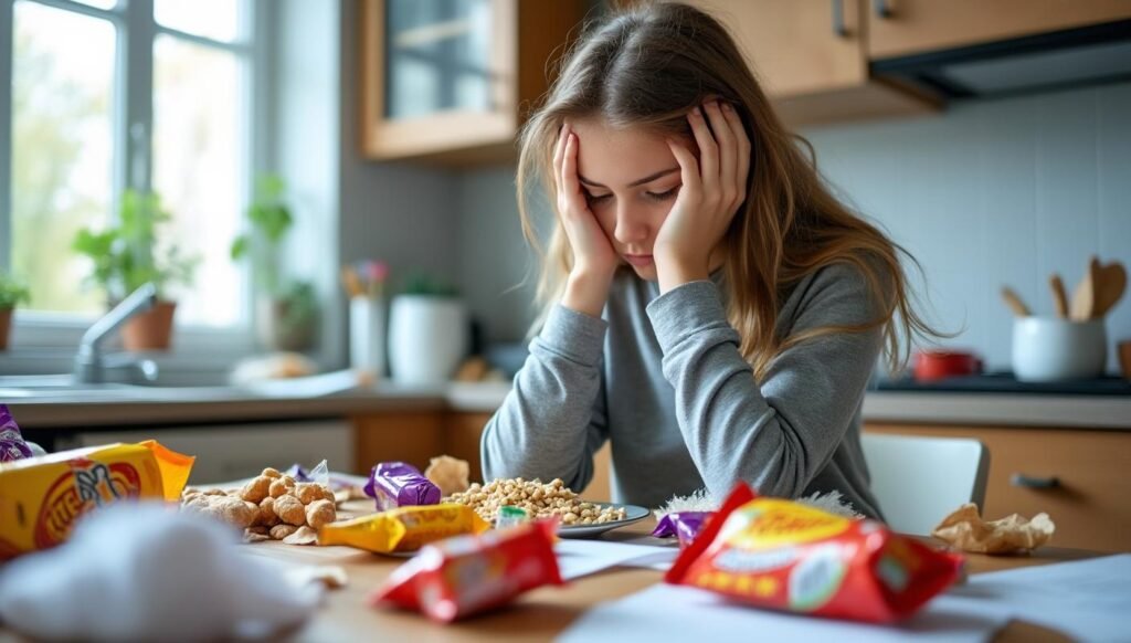 A teenager sits at the kitchen table, surrounded by empty packaging from unhealthy snacks The room is messy, and there are signs of stress...