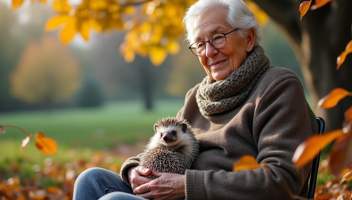 In the quiet morning hours, a senior sits peacefully outside with a hedgehog on their lap, surrounded by autumn leaves and natural elements