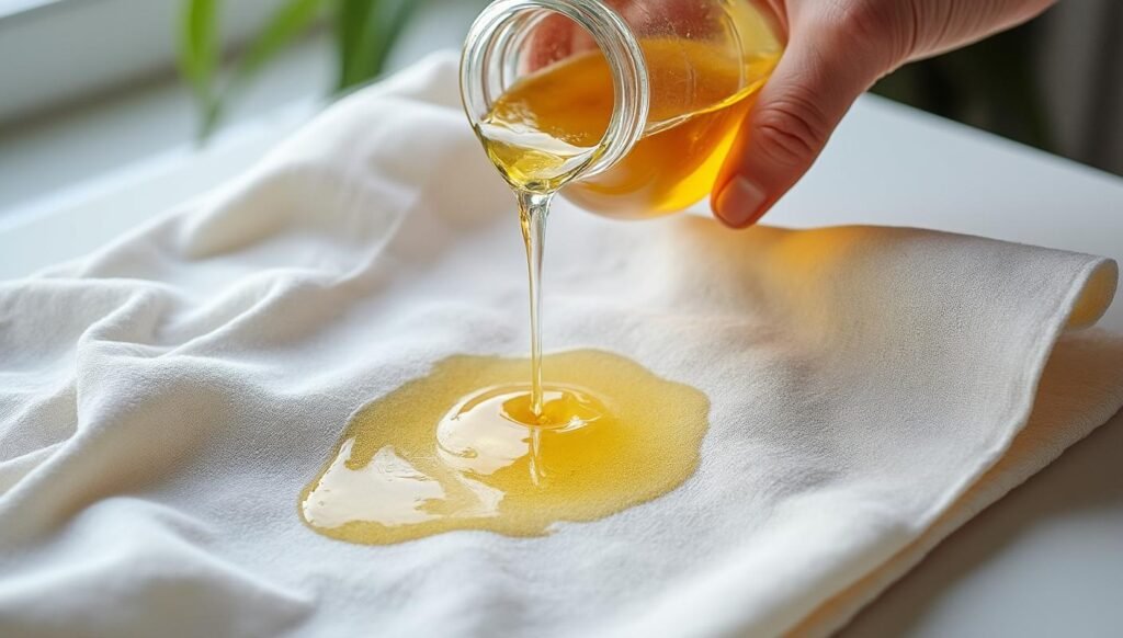 A white cloth with a grease stain, on which someone applies an unexpected ingredient and then rinses it off The result is a clean,...