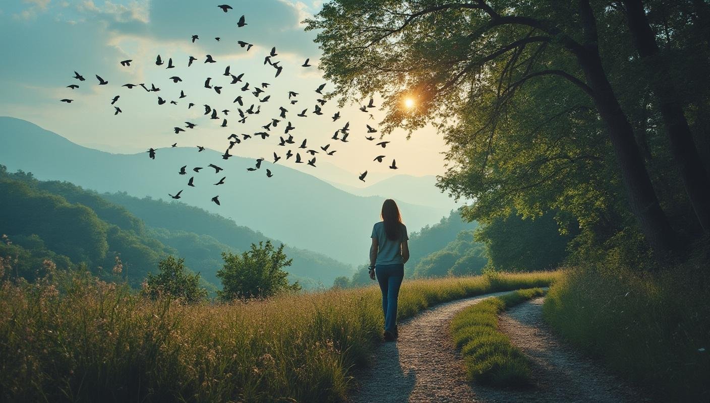 A serene evening walk is accompanied by the sound of birdsong, symbolizing a reflective attitude that allows someone to choose their...