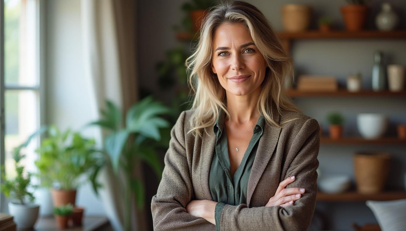 The image shows a woman in her fifties standing confidently with broad shoulders, her head held high She maintains direct eye contact and...