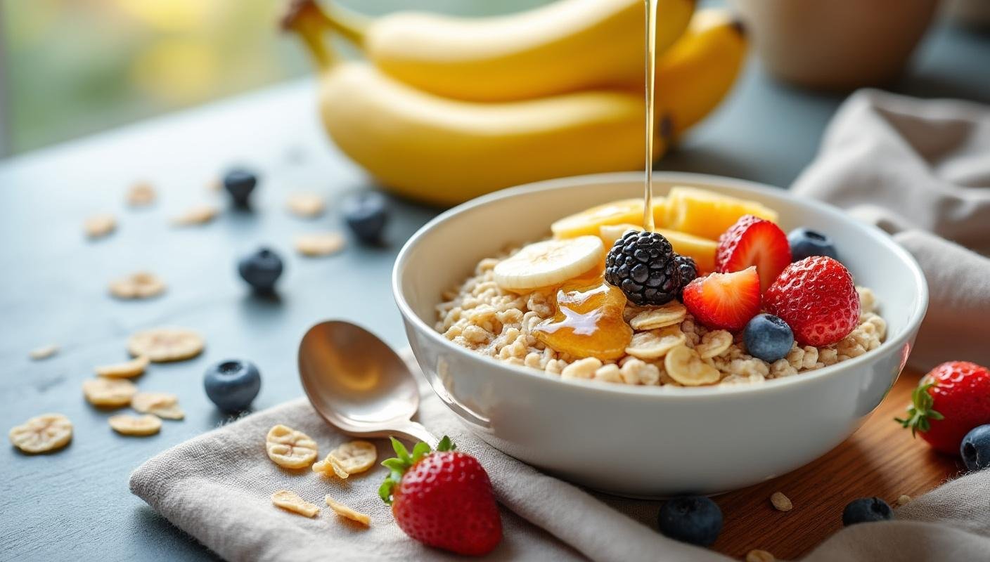 A warm morning light falls on a bowl of freshly cooked oatmeal, topped with fresh fruit and a drizzle of honey This simple yet nutritious...