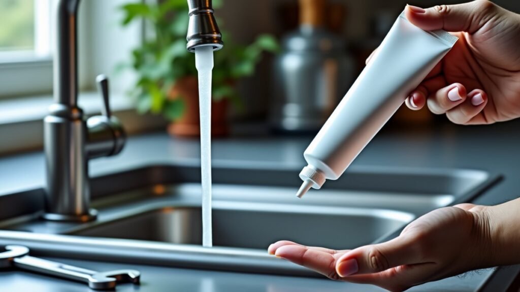 A dripping faucet is shown beside a silicone tube being pushed away