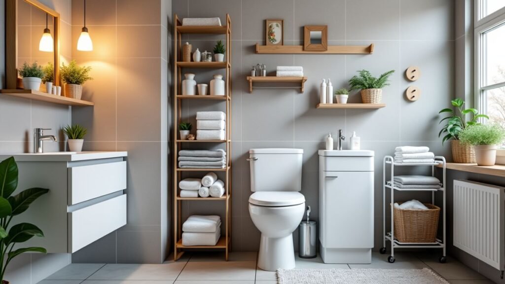a bathroom with space-saving shelves, hooks, and bins.