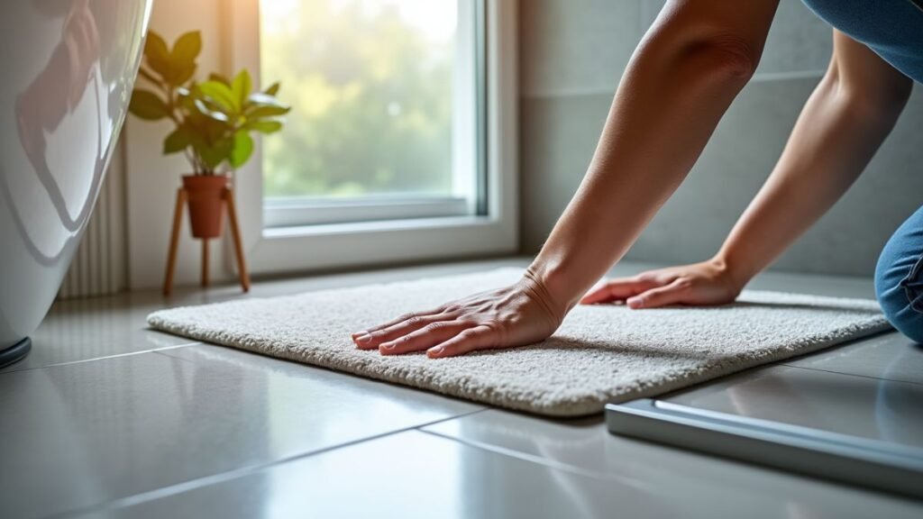 Person presses an anti-slip shower mat into place inside a shower.