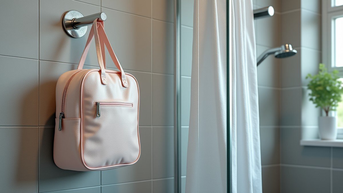A toiletry bag hangs on a hook outside the shower while a wet bag sits inside.