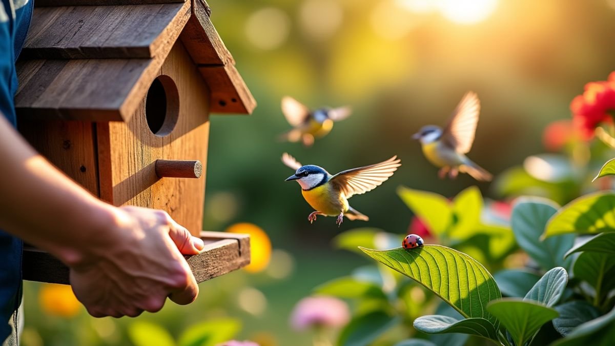 Hands hold a birdhouse as birds flutter nearby in a sunny garden