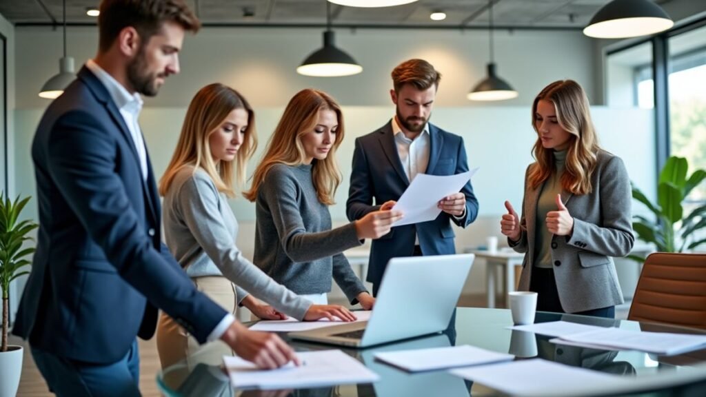 Colleagues show quiet teamwork through supportive gestures around a meeting table.
