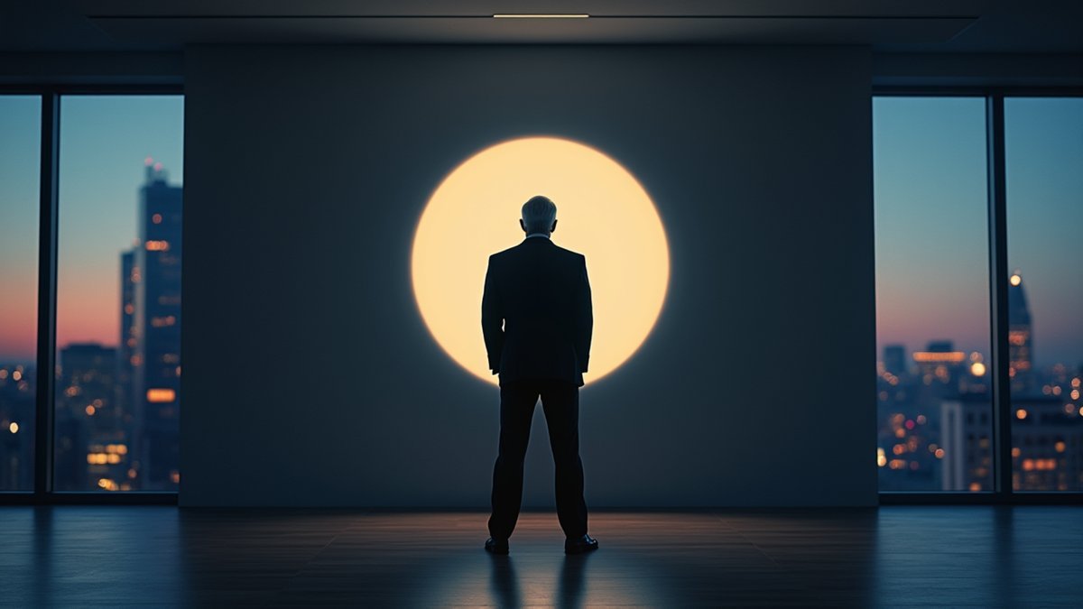 A suited silhouette stands under a strict ring-like shadow in a dusk-lit office.