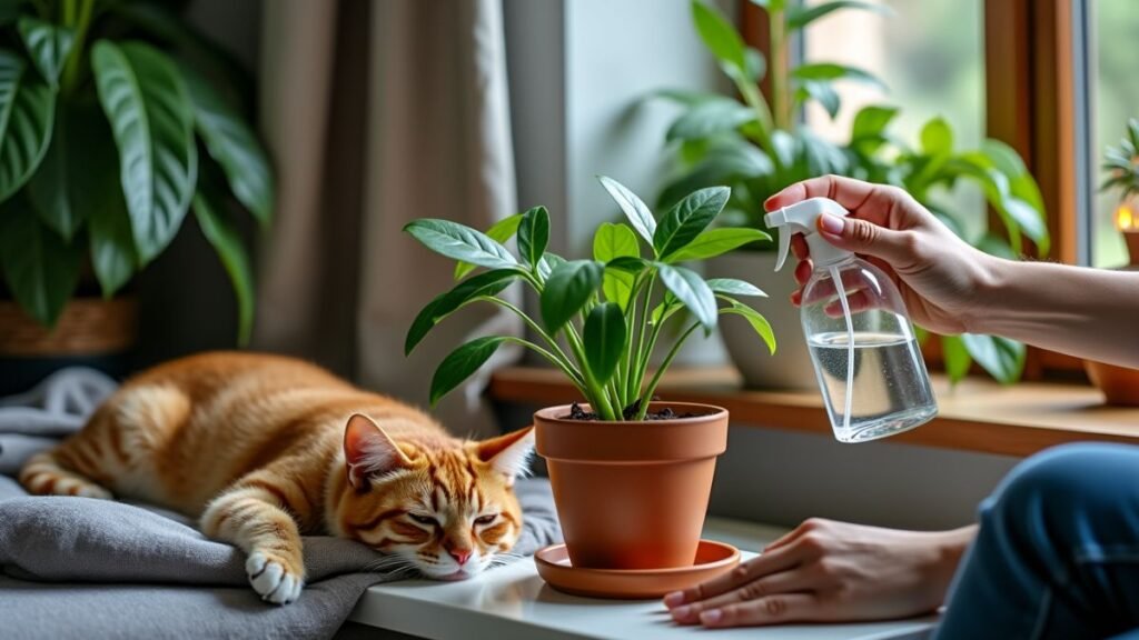 A small houseplant thrives in a dim corner while a relaxed cat rests nearby.