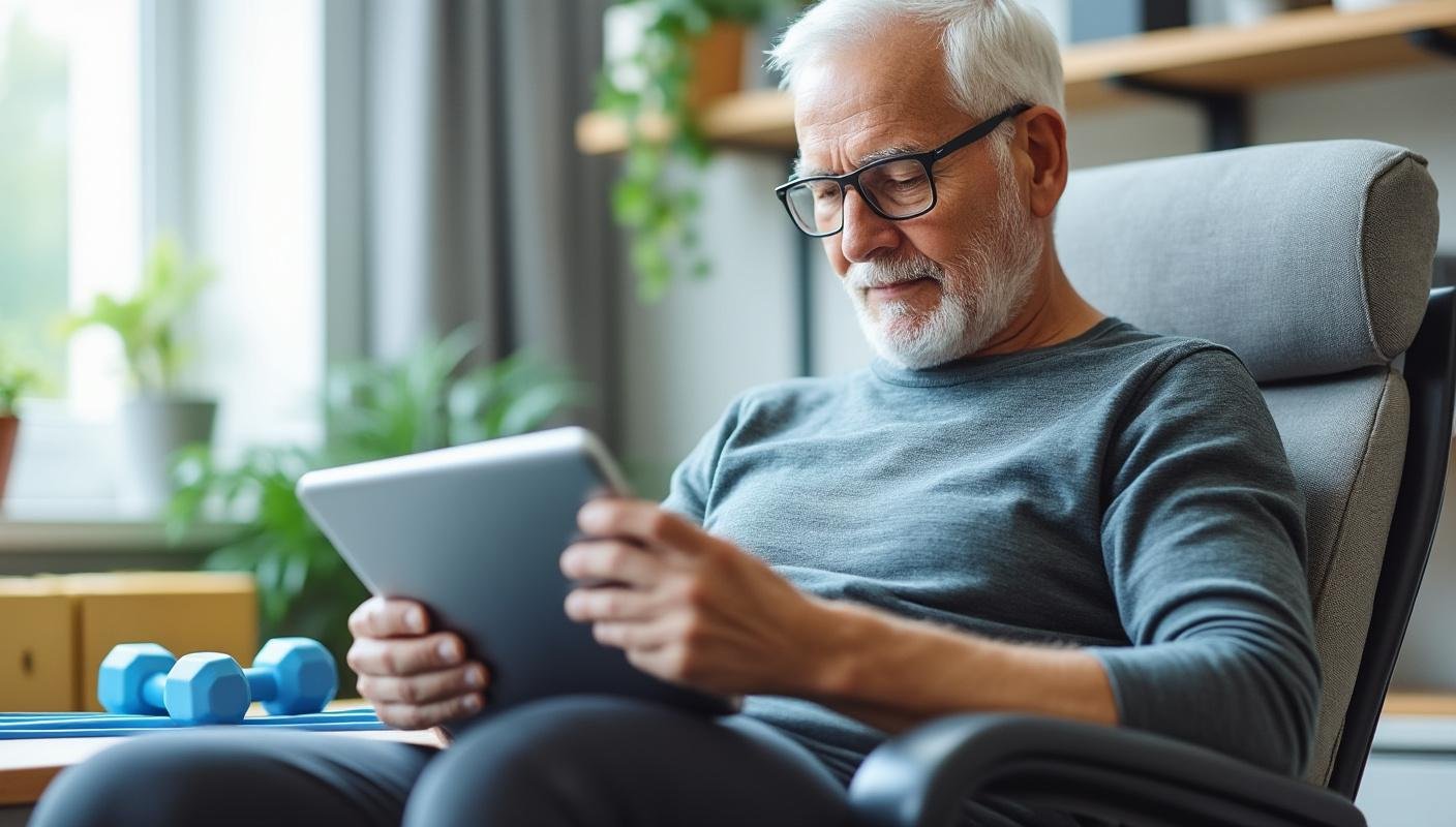 man in his 60s is reading in the chair