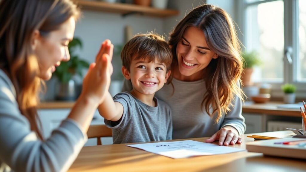 A parent gives a high-five to a child who looks proud at the table.