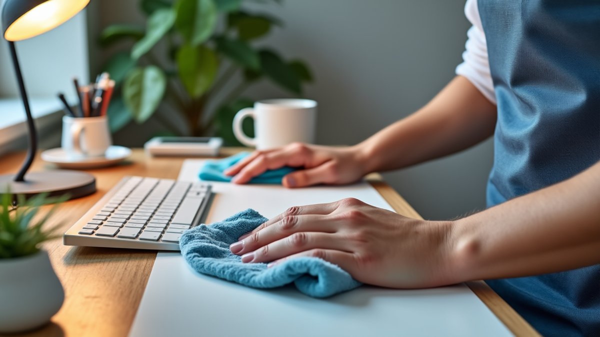 A cluttered desk is wiped clean