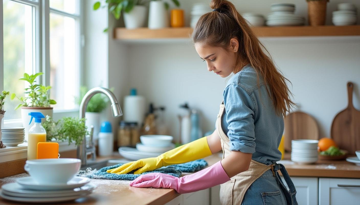 woman cleaning dishes