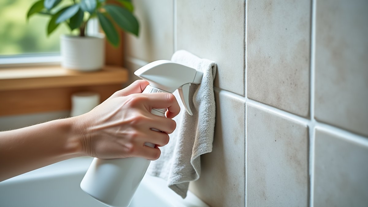 A hand holds an unbranded cleaning spray beside a freshly wiped shower corner that looks visibly clearer.