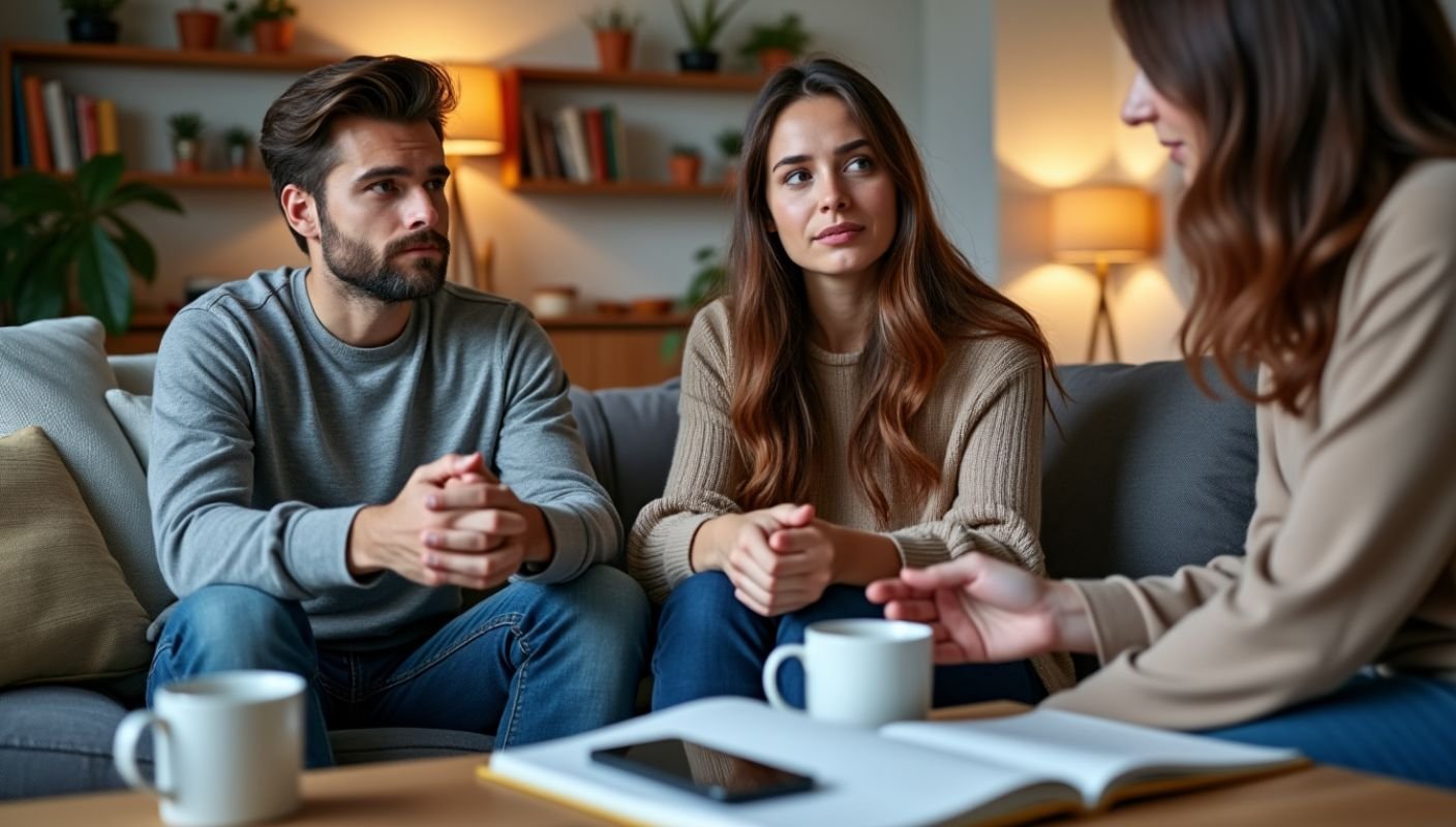 couple listening to a third person sitting on the couch