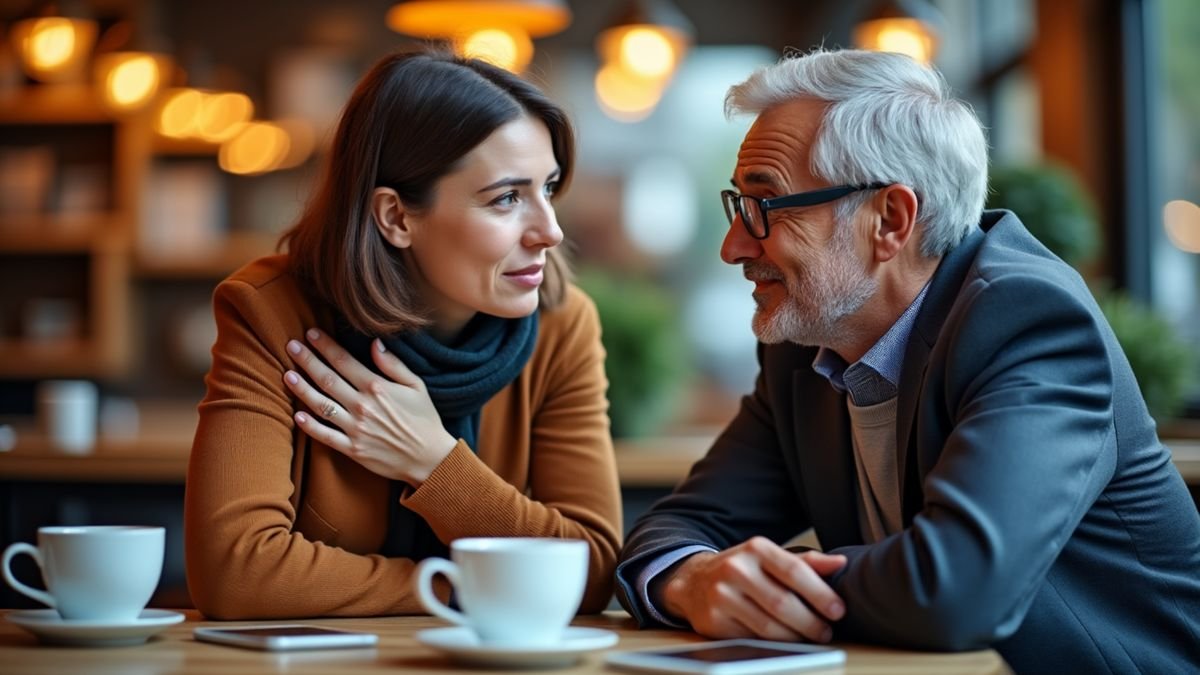 Two people talk in a café as one pauses, touched, while background chatter blurs away.