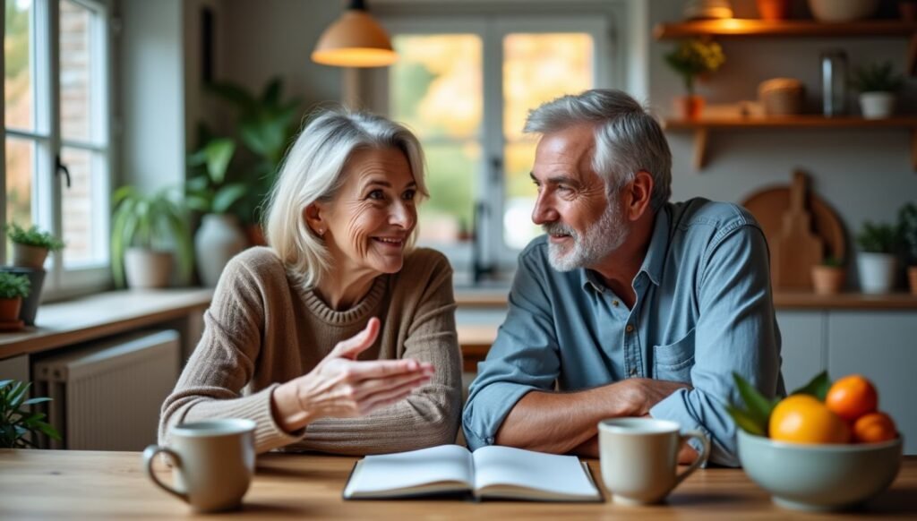 elder couple talking comfortably sitting at kitchen table