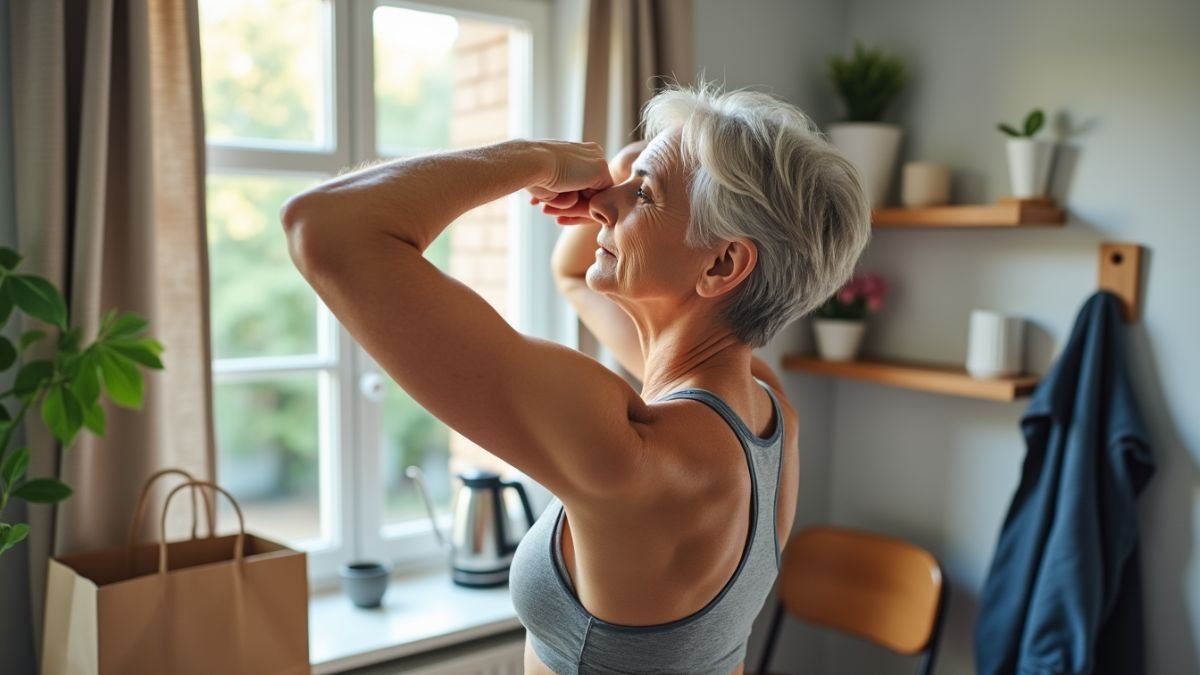 elder woman in workout outfit with grey hair standing with her arms up