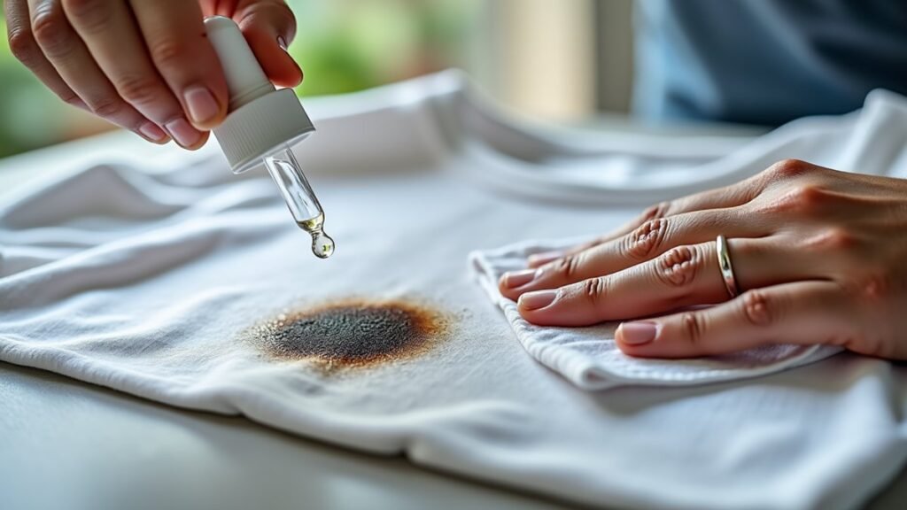 Clear drops are applied to a grease stain as the mark visibly fades on light fabric.