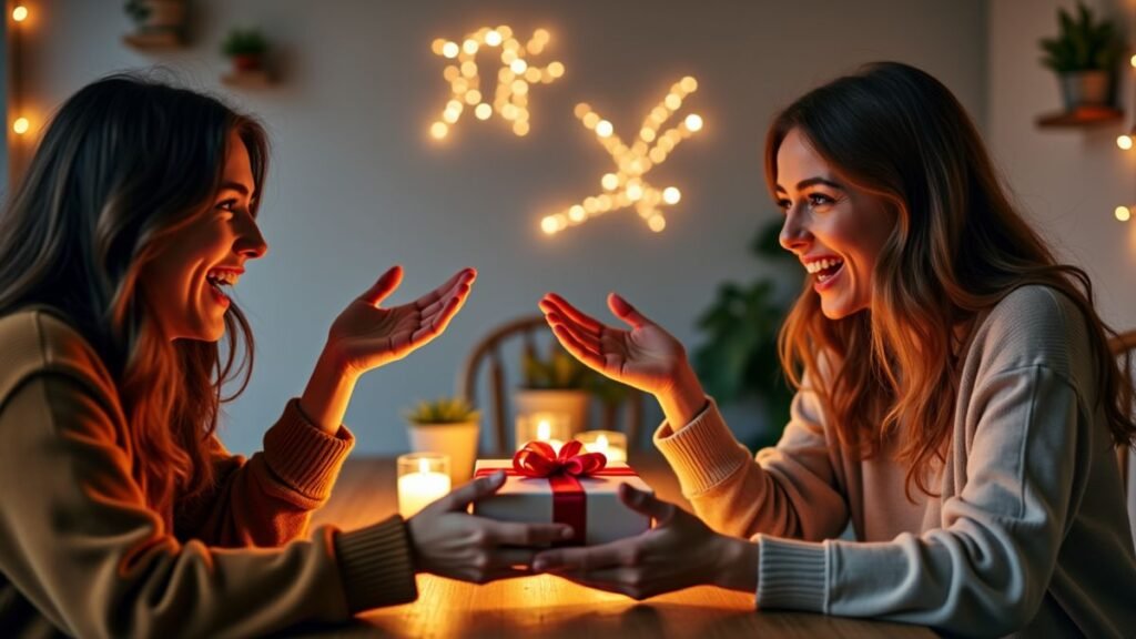 A person smiles as they receive a small gift at a table under soft evening light