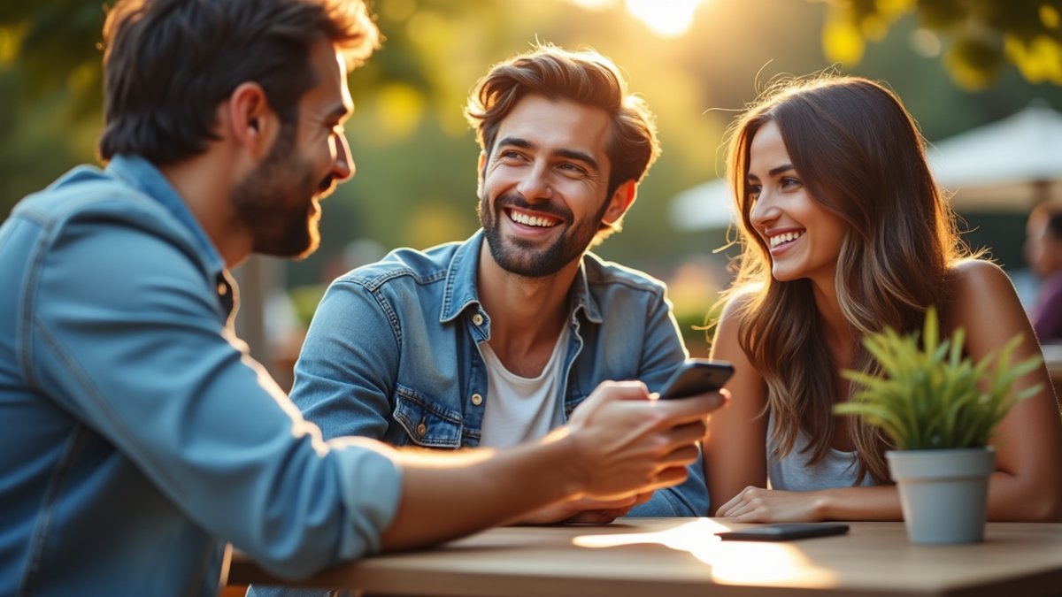 Two friends talk calmly as one sets a boundary with a gentle open-palm gesture.