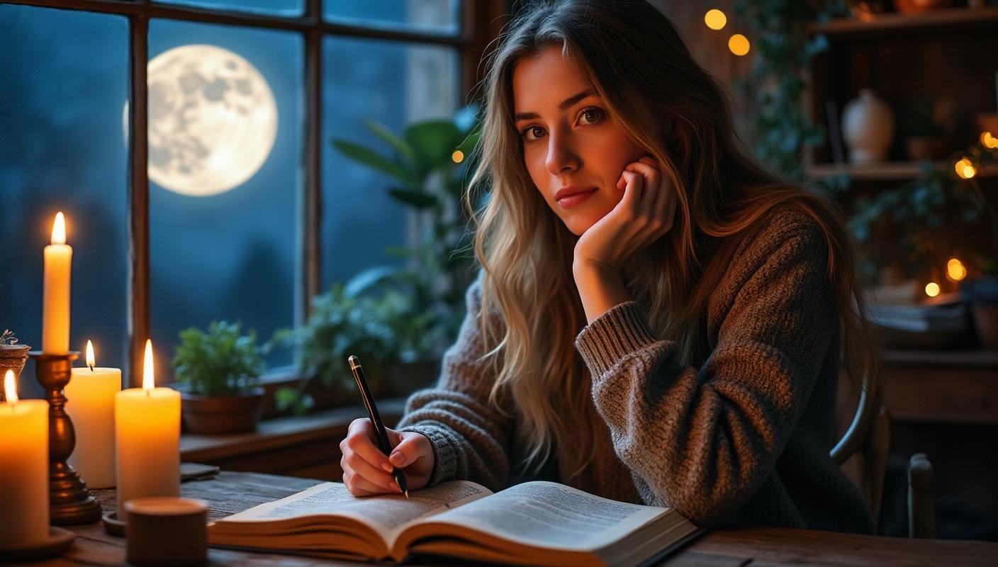 young lady making notes with full moon in the background