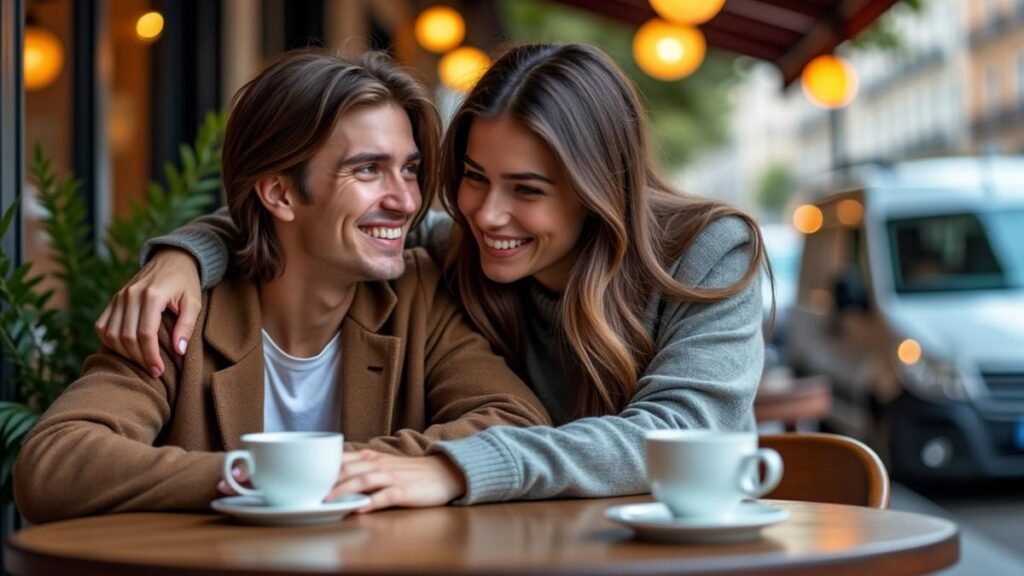 A friend smiles while giving an overly tight shoulder squeeze