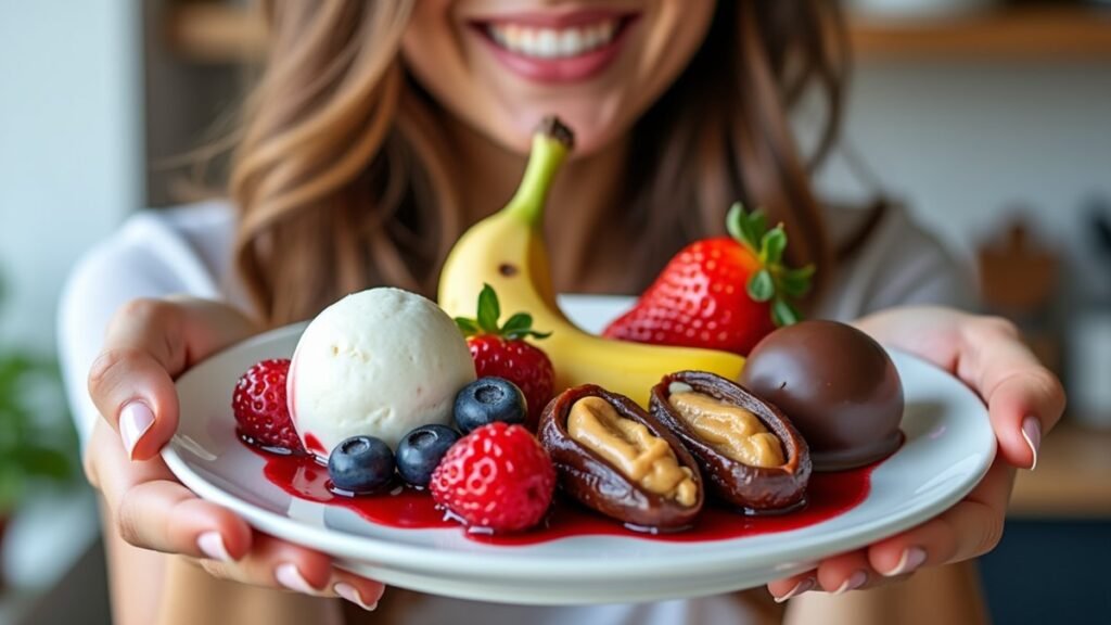 A plate of four healthier sweet snacks is held up close to the camera.
