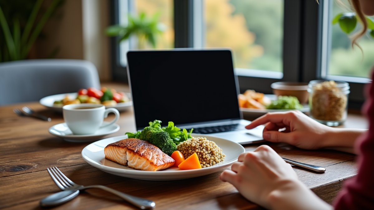 A person closes and slides a laptop away from the dinner table beside a plated meal.
