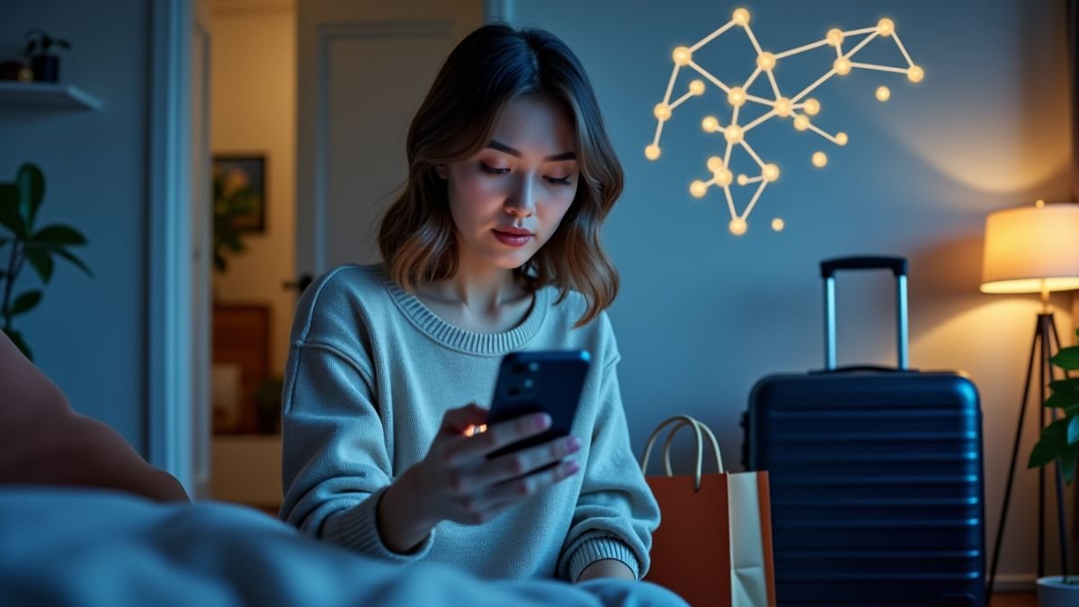 A person sets their phone face-down and pauses beside keys and a packed bag.