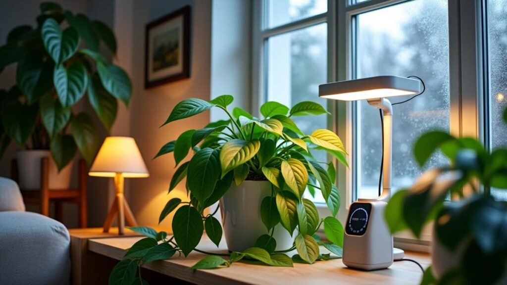 A person adjusts a grow light beside a thriving pothos near a winter window