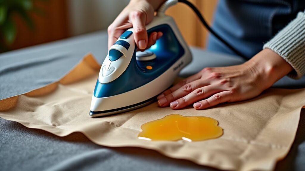 Paper and a warm iron lift candle wax from fabric, revealing a cleaner patch.