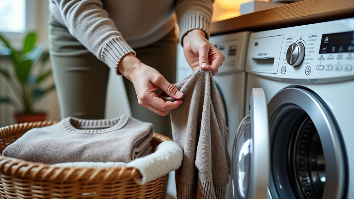 A wool sweater is held up beside a washer set too hot, hinting at shrinkage.