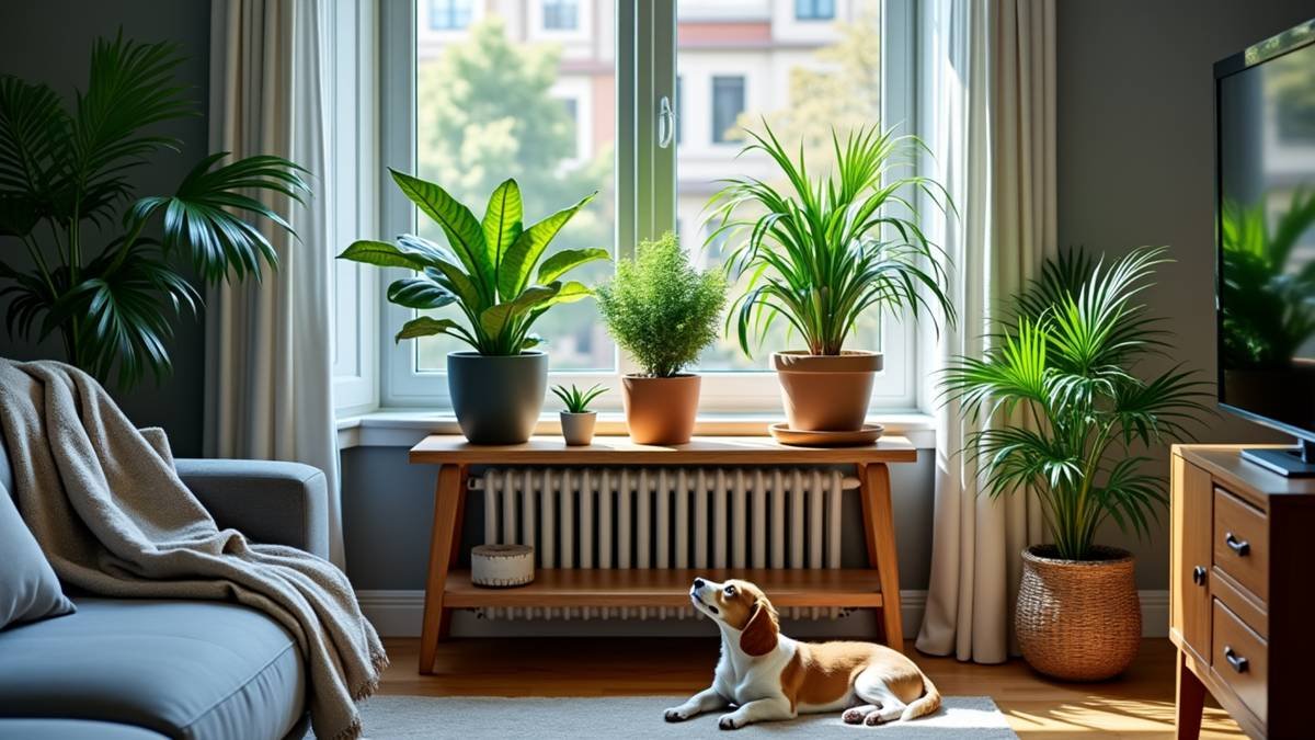 Three pet-safe plants brighten a dim corner while a relaxed cat or dog rests nearby.