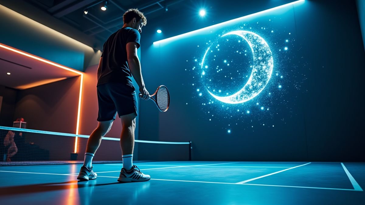 A focused competitor prepares for a match as an abstract constellation light pattern glows nearby.
